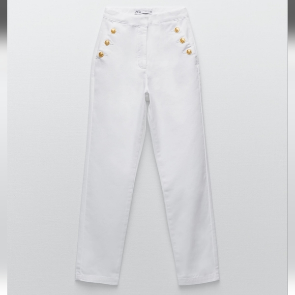 NWT Zara Gold Button Straight Leg White Jeans - Picture 8 of 11